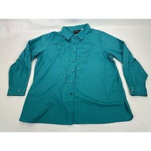 Bob Mackie Wearable Art Turquoise sequined button front shirt top Women's XL
